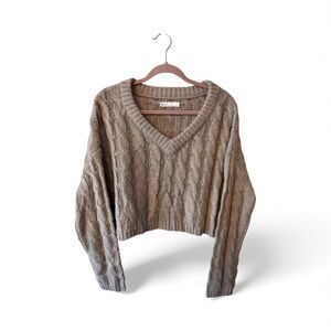 OAK + FORT Cropped Cable Knit Boxy V Neck Sweater Beige Sz Small